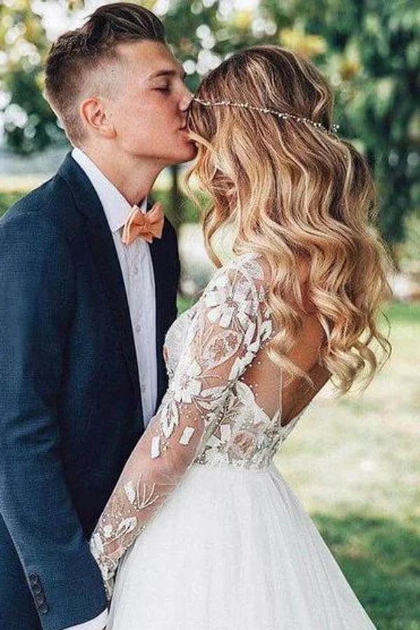 See Through Beaded Floral Lace Long Sleeve Boho Wedding Dresses MW269 by Musebridals