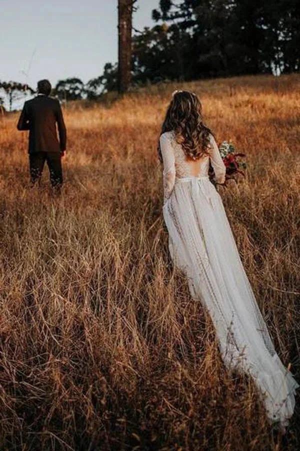Lace Polka Dot Boho with Sleeves Bohemian Wedding Dress MW274 by Musebridals