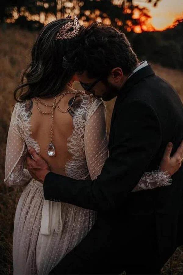 Lace Polka Dot Boho with Sleeves Bohemian Wedding Dress MW274 by Musebridals
