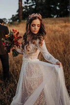 Lace Polka Dot Boho with Sleeves Bohemian Wedding Dress MW274 by Musebridals