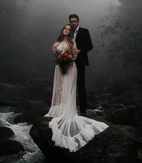 Lace Polka Dot Boho with Sleeves Bohemian Wedding Dress MW274 by Musebridals