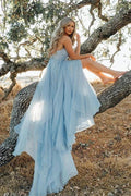 Sky Blue Rustic Thigh Split Beach Wedding Gown with Court Train,MW281 by Musebridals