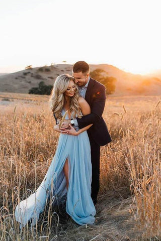 Vestido de novia rústico azul cielo con abertura en el muslo y cola de corte, MW281
