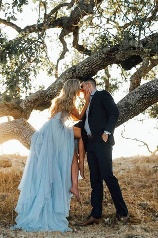 Vestido de novia rústico azul cielo con abertura en el muslo y cola de corte, MW281