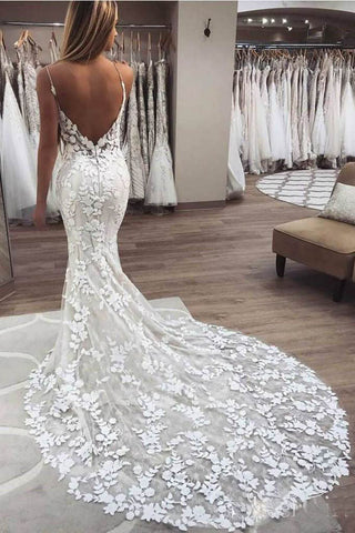 Vestido de novia vintage de sirena con tirantes finos y apliques de encaje, MW288