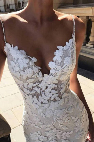 Vestido de novia vintage de sirena con tirantes finos y apliques de encaje, MW288
