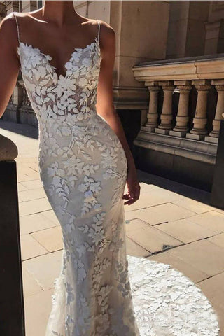 Vestido de novia vintage de sirena con tirantes finos y apliques de encaje, MW288