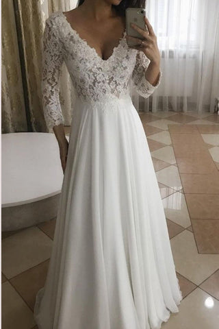 Elegant A-Line V-Neck Long Sleeves White Lace Long Wedding Dresses MW298
