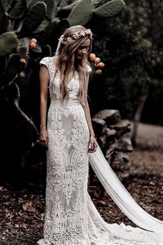 Cap Sleeve Sheath Boho Wedding Dresses Vintage Lace Rustic Wedding Dress MW314