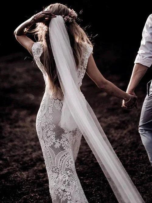 Cap Sleeve Sheath Boho Wedding Dresses Vintage Lace Rustic Wedding Dress MW314 by Musebridals