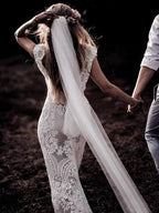 Cap Sleeve Sheath Boho Wedding Dresses Vintage Lace Rustic Wedding Dress MW314 by Musebridals