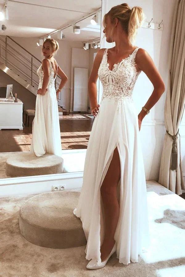 Charming Spaghetti straps Appliques Lace Wedding Dress,Split Chiffon Beach Wedding Dress,MW359 by Musebridals