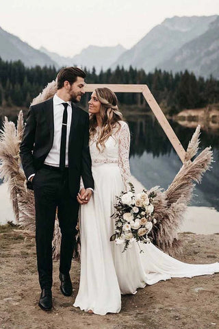 Two Piece Round Neck Lace White Chiffon Wedding Dress With Long Sleeves MW392