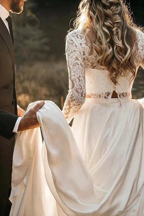 Two Piece Round Neck Lace White Chiffon Wedding Dress With Long Sleeves MW392 by Musebridals