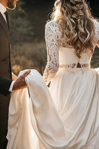 Two Piece Round Neck Lace White Chiffon Wedding Dress With Long Sleeves MW392