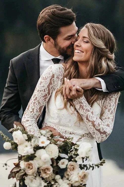 Two Piece Round Neck Lace White Chiffon Wedding Dress With Long Sleeves MW392 by Musebridals