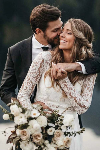 Two Piece Round Neck Lace White Chiffon Wedding Dress With Long Sleeves MW392