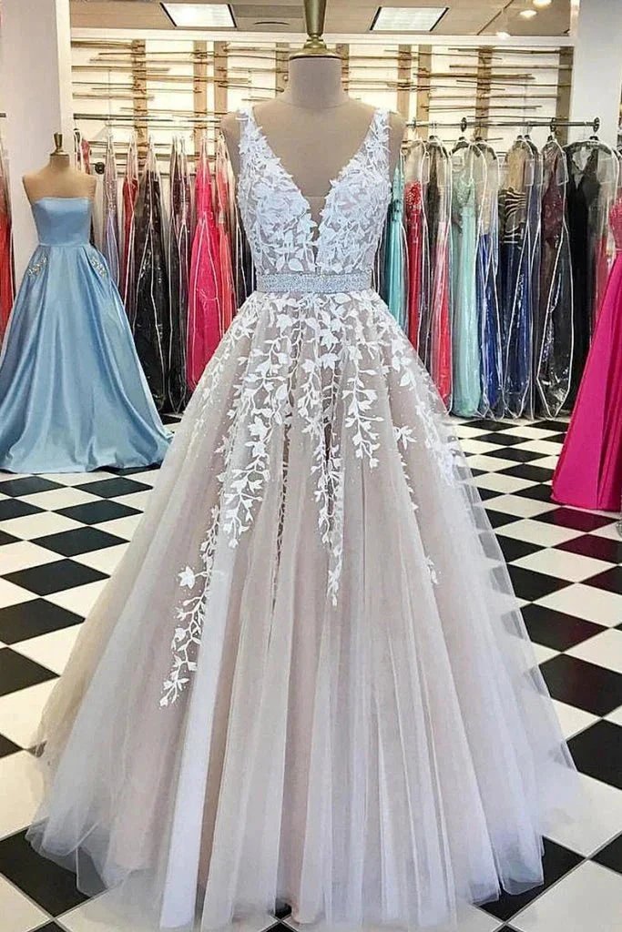 V-neck Lace Long Wedding Dress,Tulle Ball Gown Prom Dress With Appliques,MW396 by Musebridals