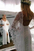 Batwing Sleeve Lace Rustic Wedding Dresses Ivory Sheath Boho Wedding Dresses,MW407 by Musebridals