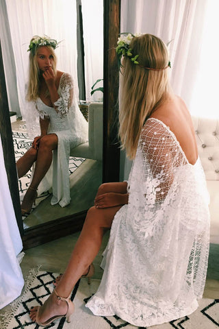 Fledermausärmel Spitze Rustikale Brautkleider Elfenbein Etui Boho Brautkleider, MW407