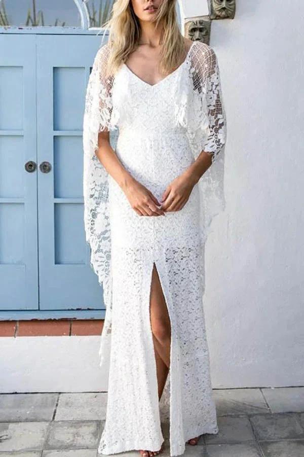 Batwing Sleeve Lace Rustic Wedding Dresses Ivory Sheath Boho Wedding Dresses,MW407 by Musebridals