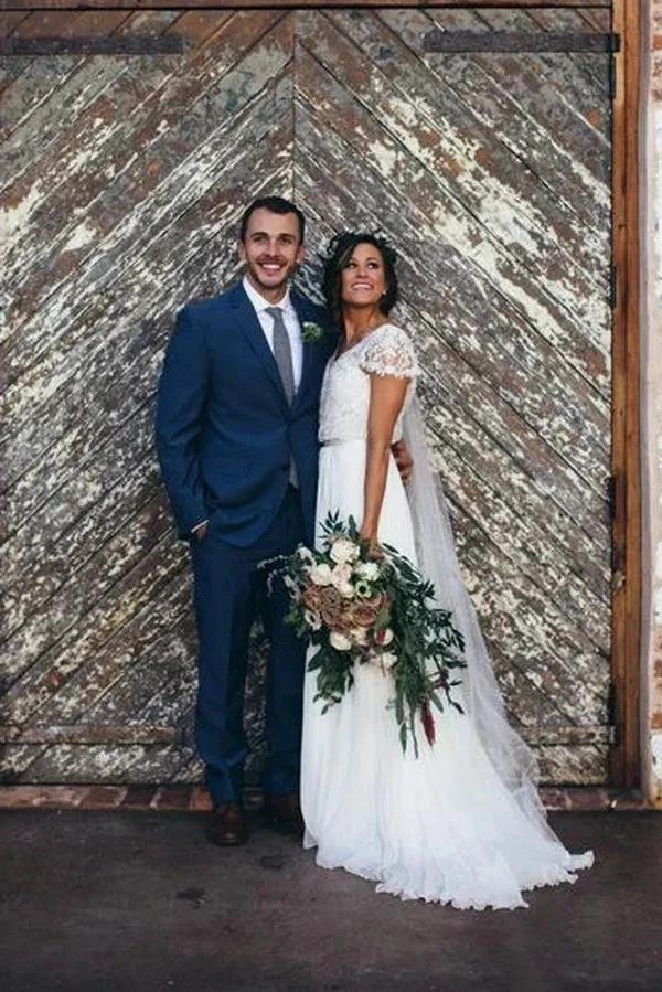 Sparkly Wedding Dresses Romantic A-line V-neck Beading Chiffon Bridal Gown,MW442 by Musebridals