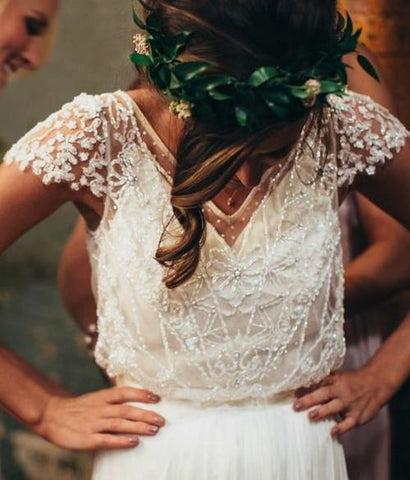 Vestidos de novia brillantes, románticos, corte A, escote en V, gasa con cuentas, MW442