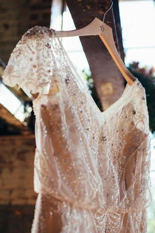Sparkly Wedding Dresses Romantic A-line V-neck Beading Chiffon Bridal Gown,MW442 by Musebridals