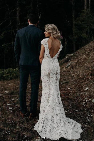 Charming Mermaid Lace Ivory Cap Sleeves Wedding Dresses Bridal Dresses MW481