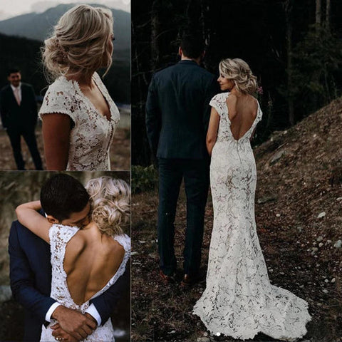 Charming Mermaid Lace Ivory Cap Sleeves Wedding Dresses Bridal Dresses MW481