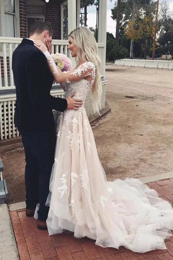 Tulle A-line V-neck Long Sleeve Lace Wedding Dresses with Train Prom Dress MW483 by Musebridals