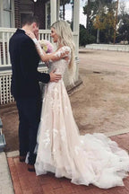 Tulle A-line V-neck Long Sleeve Lace Wedding Dresses with Train Prom Dress MW483 by Musebridals