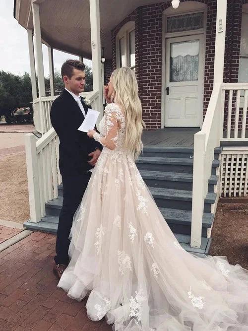 Tulle A-line V-neck Long Sleeve Lace Wedding Dresses with Train Prom Dress MW483 by Musebridals