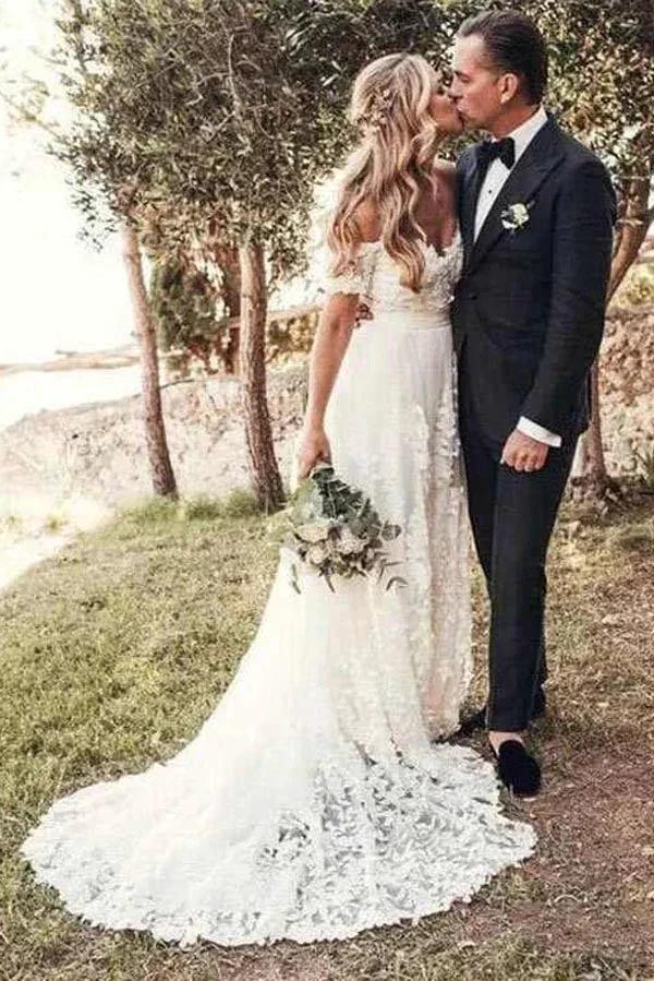 Rustic Ivory Lace Wedding Dresses Off the Shoulder Beach Wedding Dresses,MW490 by Musebridals