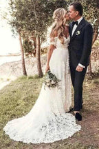 Rustic Ivory Lace Wedding Dresses Off the Shoulder Beach Wedding Dresses,MW490 by Musebridals
