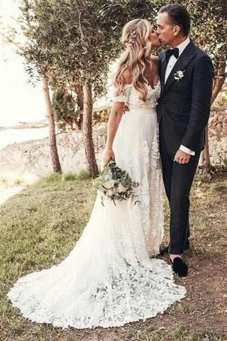 Vestidos de novia rústicos de encaje marfil con hombros descubiertos, vestidos de novia playeros, MW490