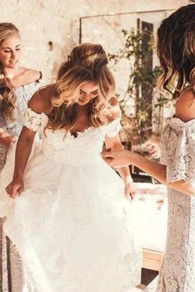 Rustic Ivory Lace Wedding Dresses Off the Shoulder Beach Wedding Dresses,MW490 by Musebridals