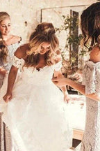 Rustic Ivory Lace Wedding Dresses Off the Shoulder Beach Wedding Dresses,MW490 by Musebridals