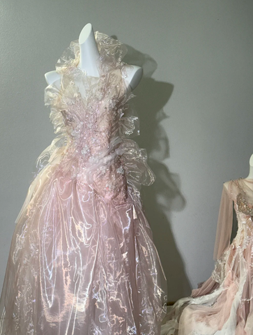 Fairy Pink Tulle Beaded Prom Dress Long Backless Evening Dress Y8564