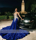 Royal Blue Sequins Mermaid Evening Dress With Sheer Neck Plus Size Formal Evening Occasion Gowns Y6358 by simplepromdress