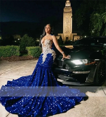 Royal Blue Sequins Mermaid Evening Dress With Sheer Neck Plus Size Formal Evening Occasion Gowns Y6358 by simplepromdress
