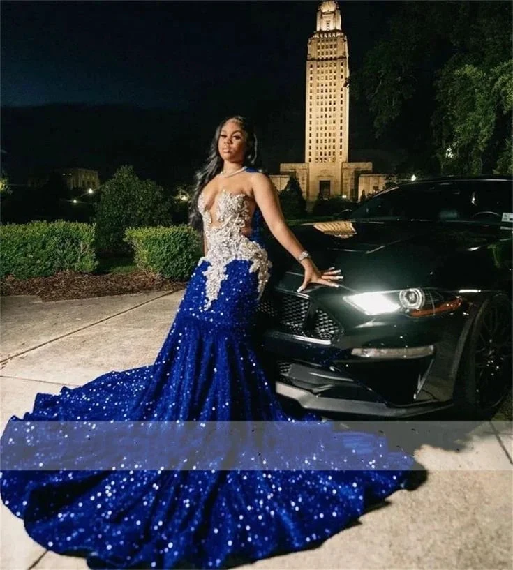Royal Blue Sequins Mermaid Evening Dress With Sheer Neck Plus Size Formal Evening Occasion Gowns Y6358 by simplepromdress