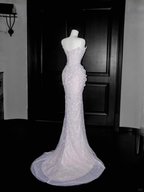 Sparkly Lilac Tulle Beaded Prom Dress Strapless Mermaid Evening Dress Y8664