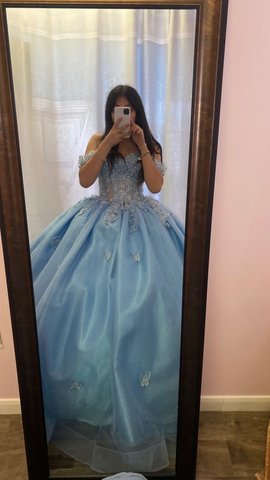 Vestido de fiesta azul con hombros descubiertos, vestido de quinceañera azul, vestido de quinceañera Y6508