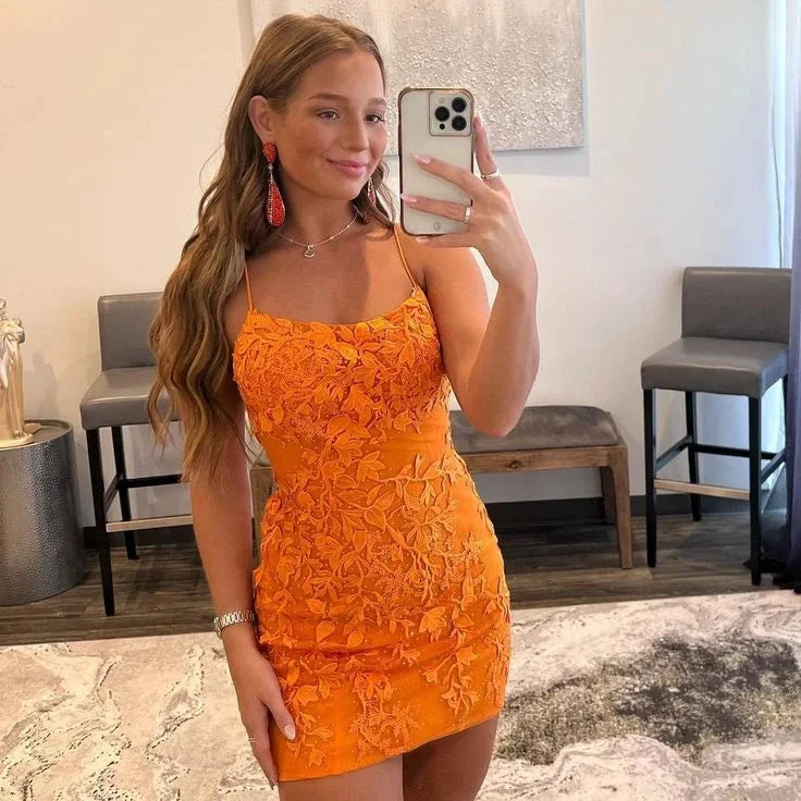 Cute Bodycon Scoop Neck Orange Lace Homecoming Dresses Y2919 by simplepromdress