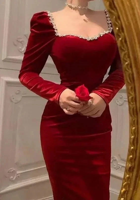 Retro Style Red Velvet Long Sleeves Evening Dress,Red Evening Gown Y5556 by simplepromdress
