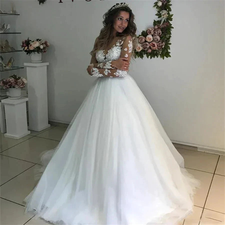 MYYBLE Illusion Scoop Long Sleeve Wedding Dresses Lace Appliques Sheer Back White/ Ivory Tulle Wedding Dress Lace Wedding Gowns by payinti