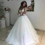 MYYBLE Illusion Scoop Long Sleeve Wedding Dresses Lace Appliques Sheer Back White/ Ivory Tulle Wedding Dress Lace Wedding Gowns by payinti