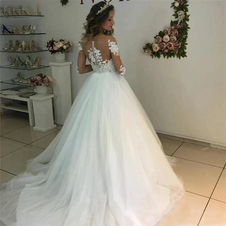 MYYBLE Illusion Scoop Long Sleeve Wedding Dresses Lace Appliques Sheer Back White/ Ivory Tulle Wedding Dress Lace Wedding Gowns by payinti