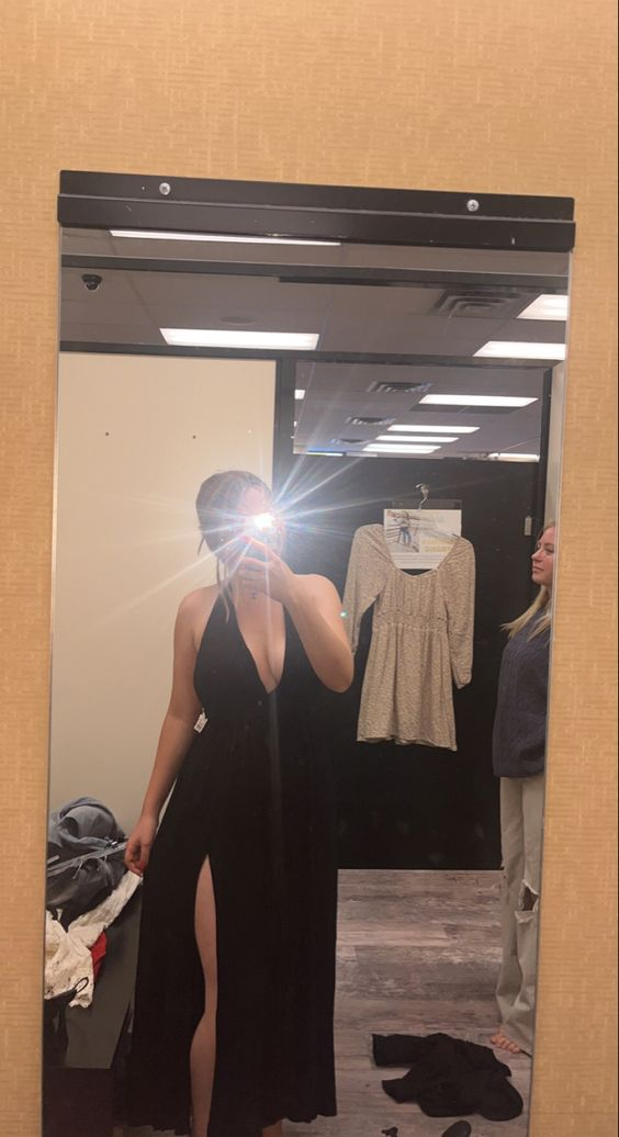 Sexy Black A-line V Neck Evening Dress Black Evening Gown Y6877